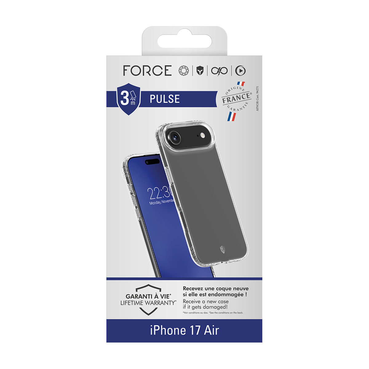 Confezione custodia iPhone 17 Air con custodia trasparente e display telefono.