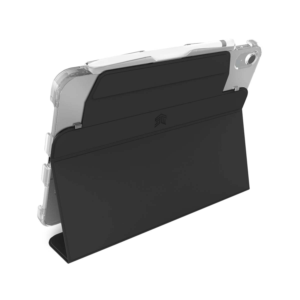 Un tablet nero in una custodia trasparente con stilo, appoggiato su una superficie.