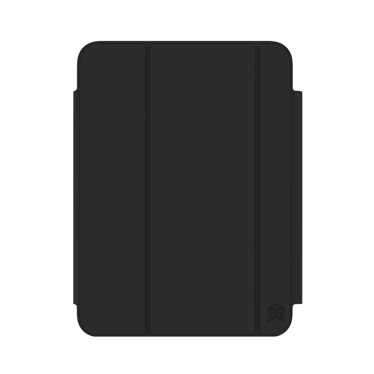 Copertina nera per tablet a tre pieghe con logo discreto.