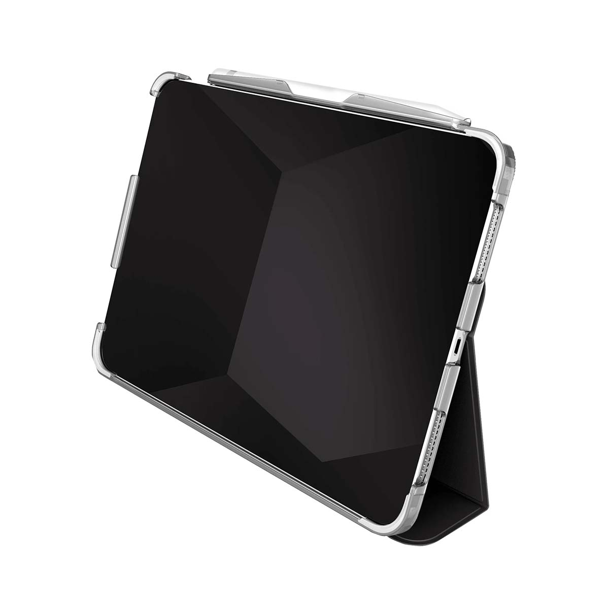 Un tablet nero in una custodia trasparente con supporto, su sfondo bianco.