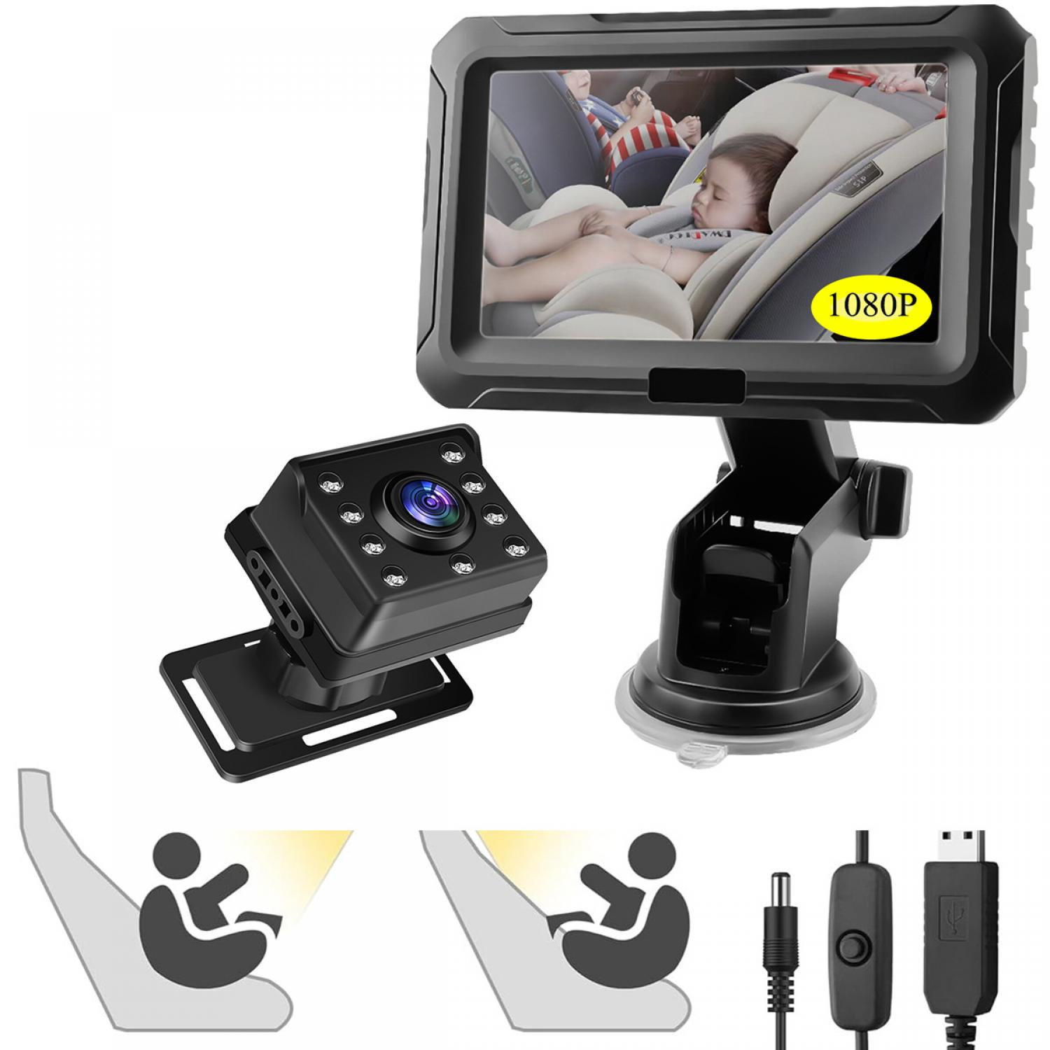 Auto-Rückfahrkamera mit Bildschirm, zeigt Baby im Kindersitz. Enthält Kabel.