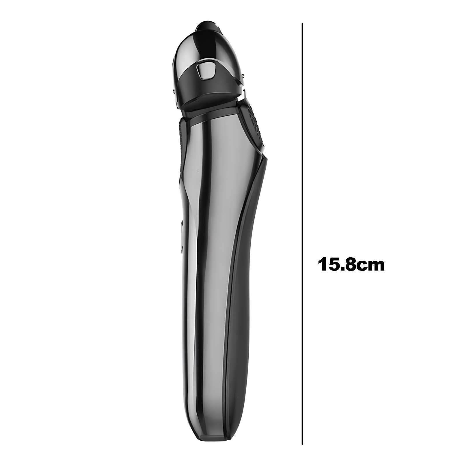 Ein silberner und schwarzer Rasierer mit einer Längenangabe von 15,8 cm.