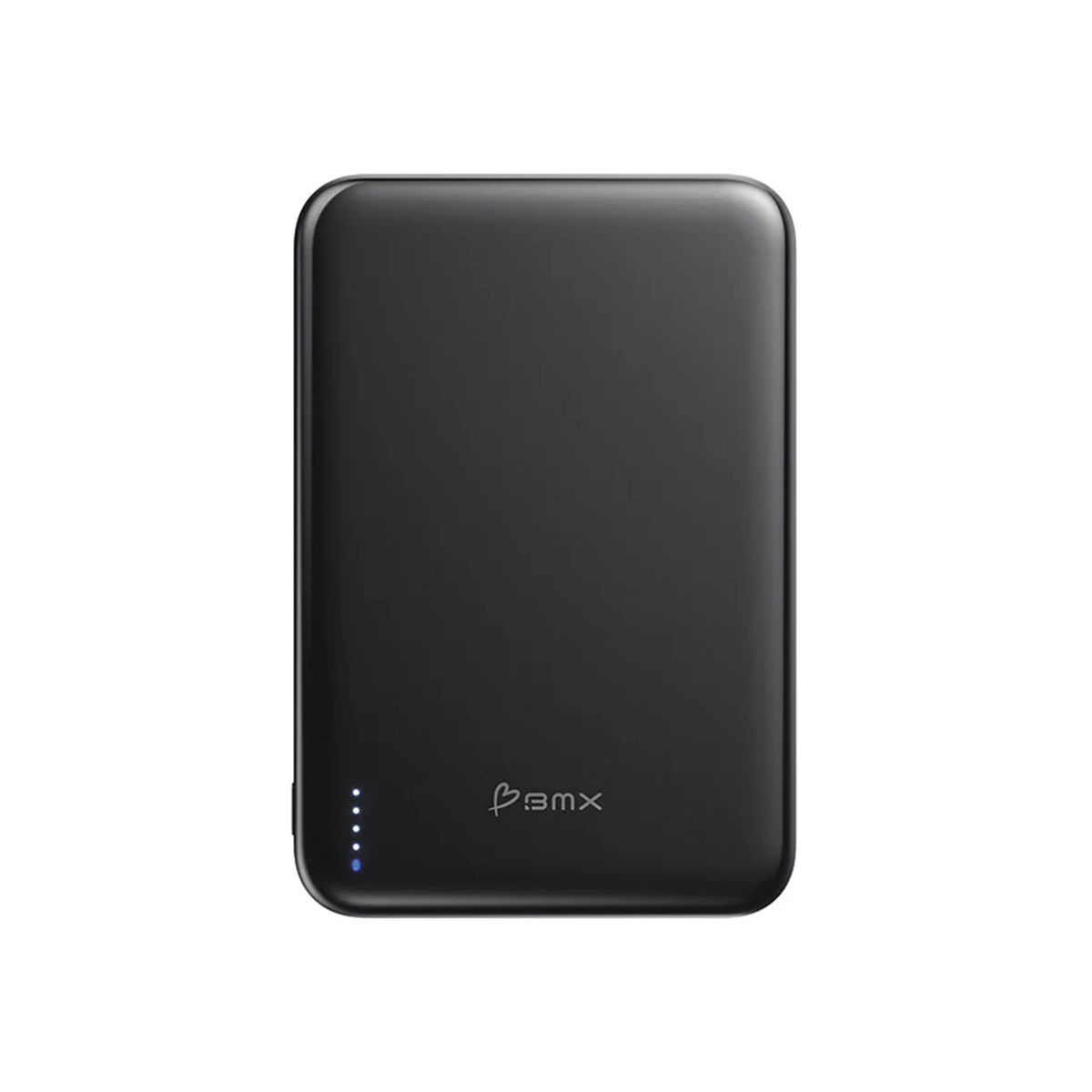 Schwarzes, rechteckiges Powerbank-Gerät mit abgerundeten Ecken. Logo und Ladeanzeige sichtbar.