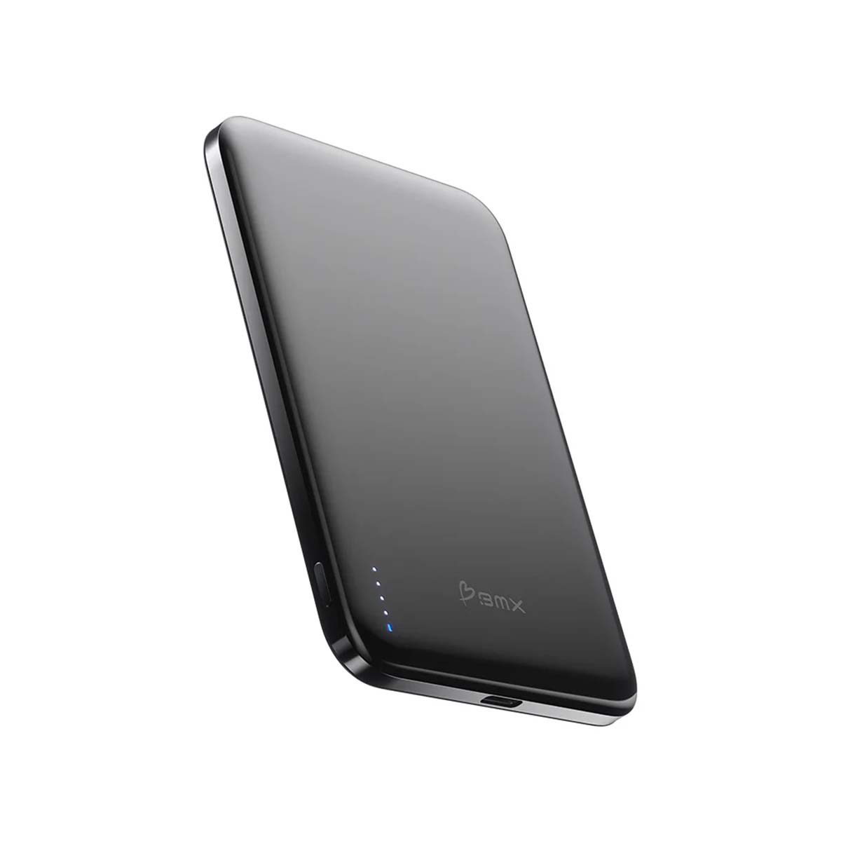 Ein schlankes, schwarzes Powerbank-Gerät mit vier blauen LED-Anzeigen und einem Logo.