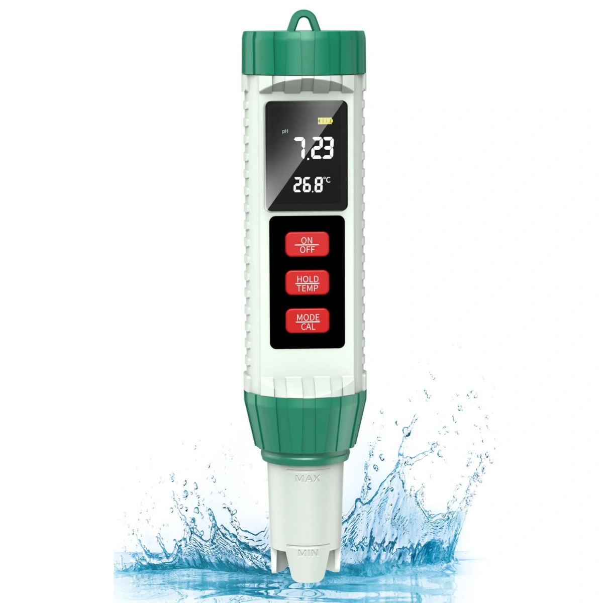 Ein weißer und grüner pH-Messgerät mit digitaler Anzeige und drei roten Knöpfen, der in Wasser sprüht.