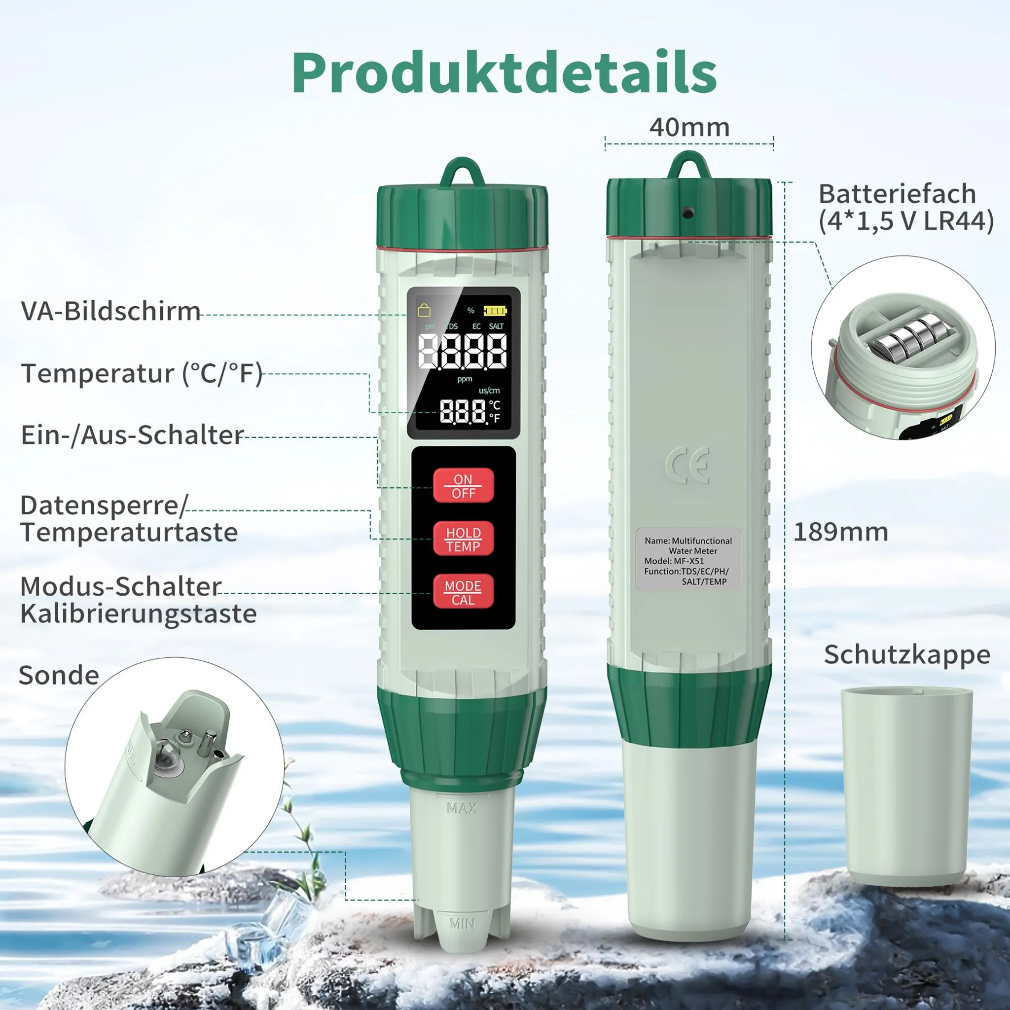 Digitaler Wasserqualitätsmesser mit LCD-Display, Tasten und Sonde.