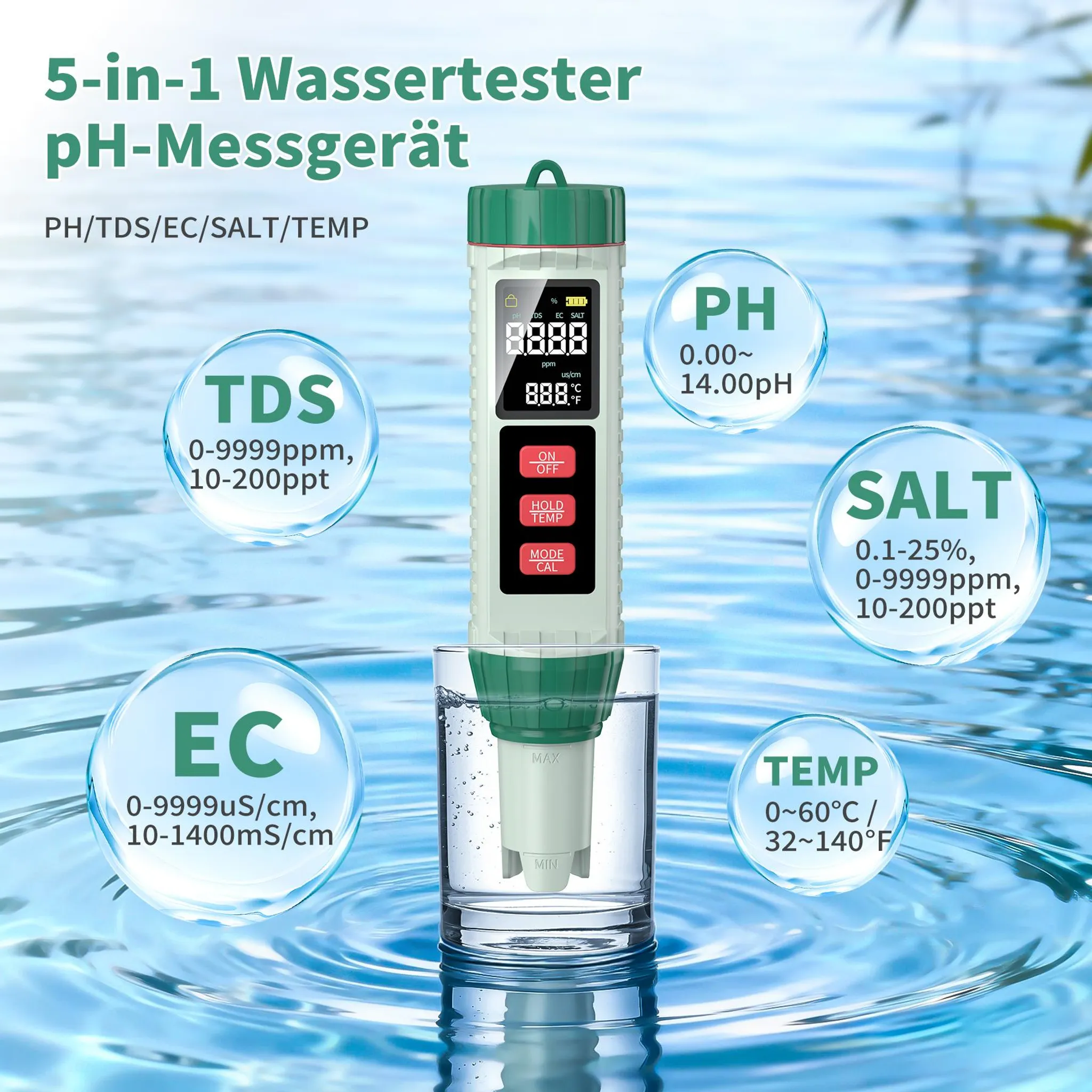 Ein 5-in-1-Wassertester mit digitalen Anzeigen für pH, TDS, EC, Salz und Temperatur.