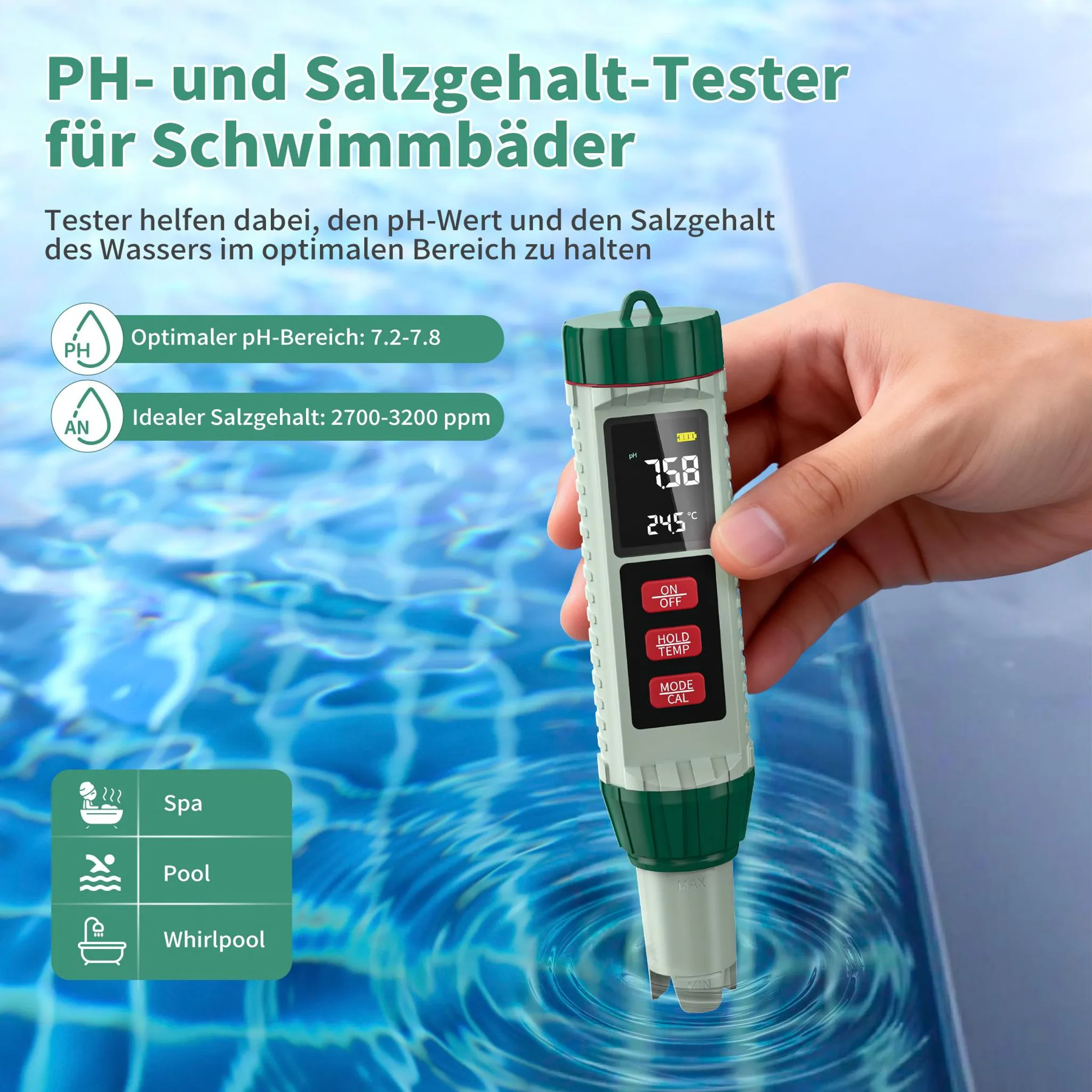 Ein Tester misst den pH-Wert und Salzgehalt von Poolwasser.
