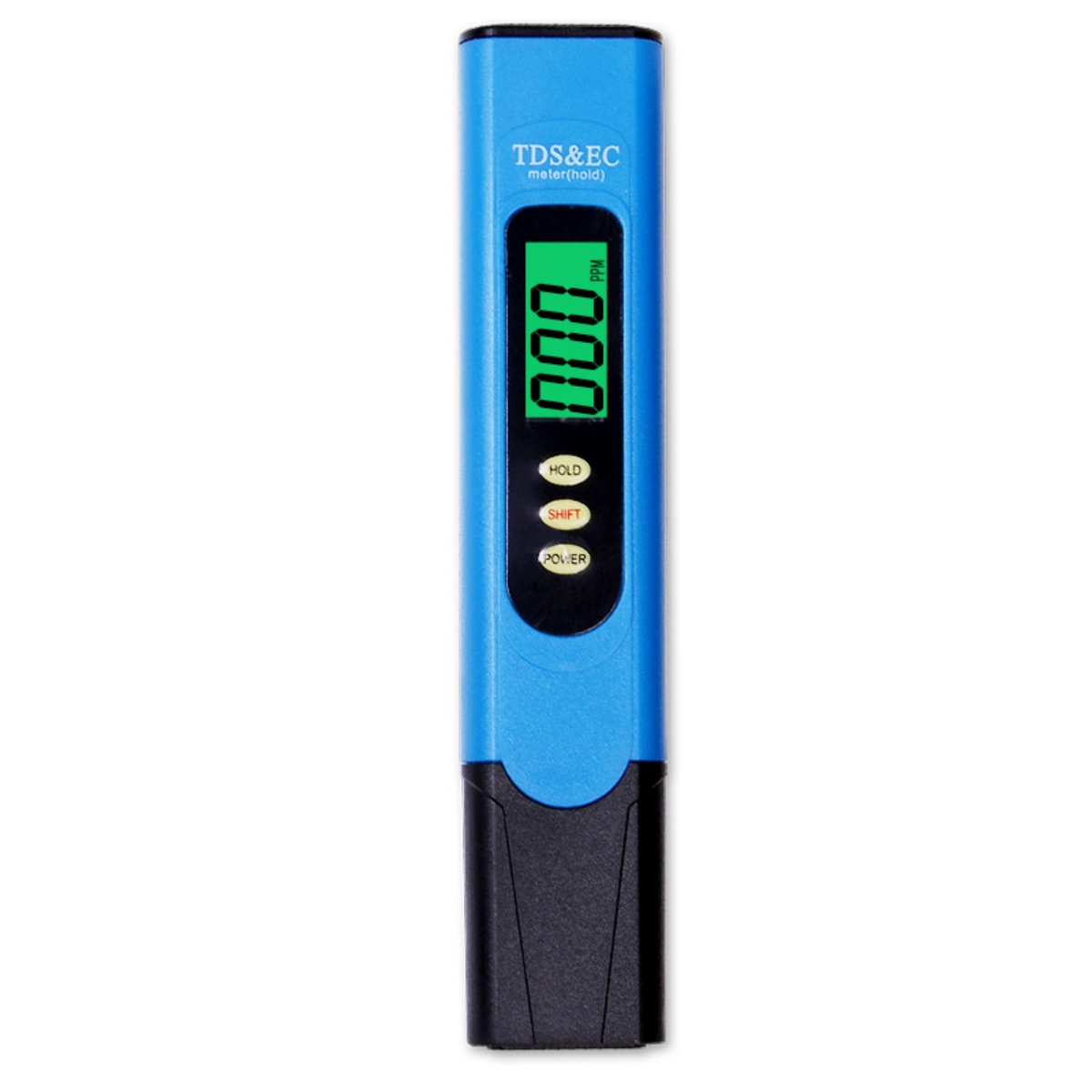 Ein blauer TDS/EC-Messstift mit einem digitalen Bildschirm, der 000 anzeigt.