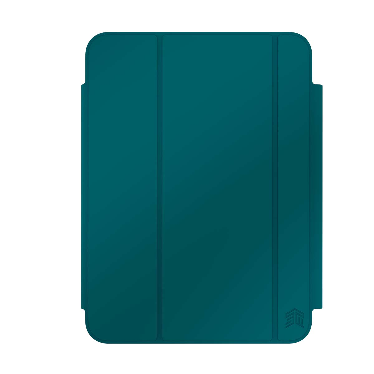 Ein dunkelgrüner Tablet-Schutz, auf der Vorderseite mit drei Falten und einem Logo.