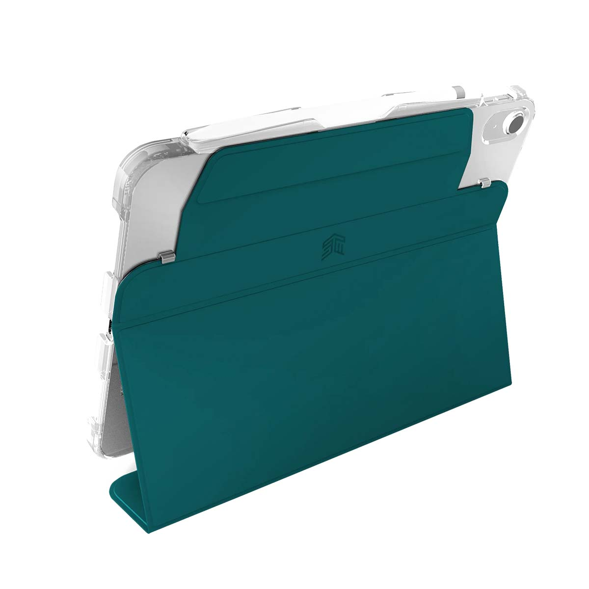 Ein tealfarbener Tablet-Ständer mit klarer Rückseite und einem Stiftclip.