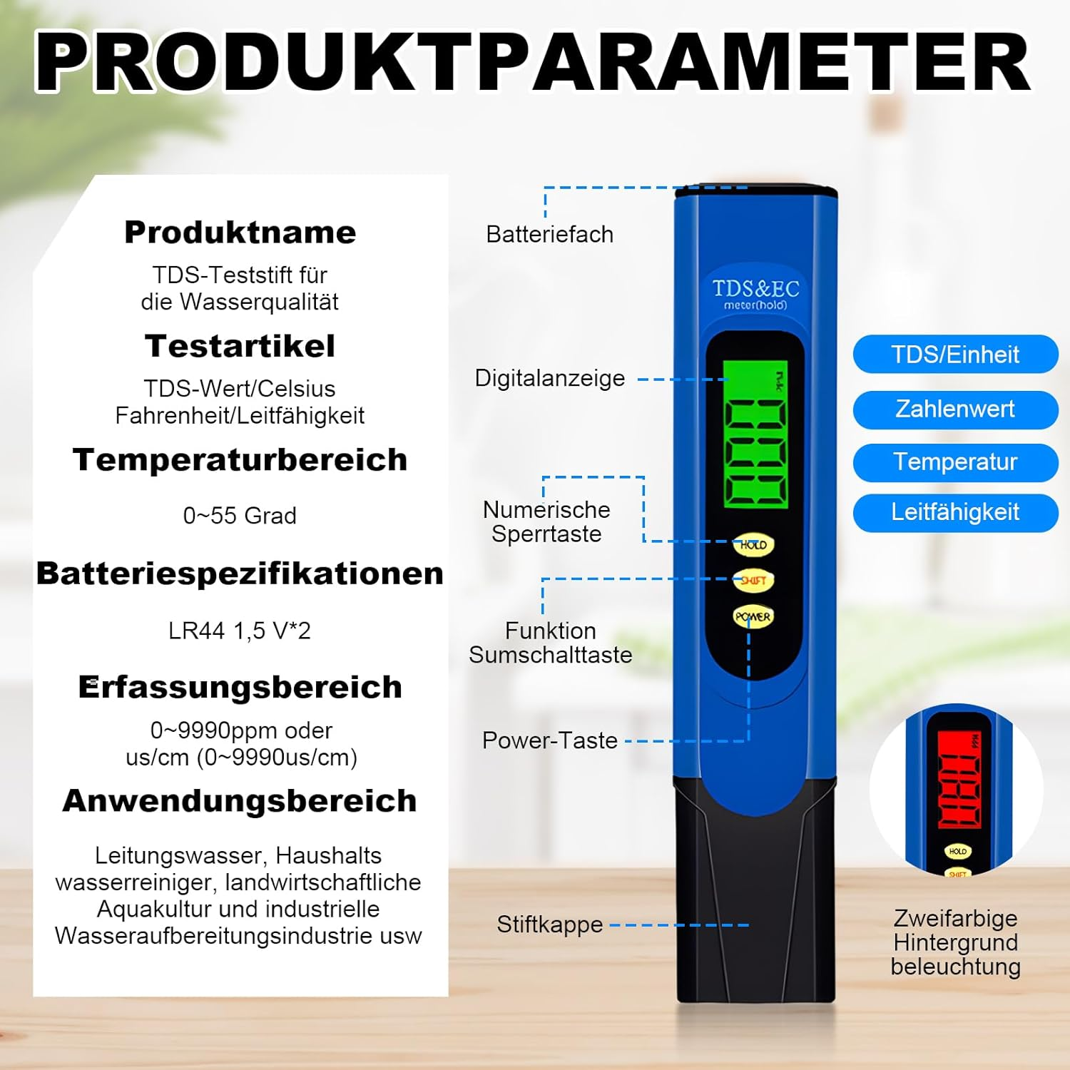 Ein blauer TDS-Messstift mit LCD-Anzeige, Tasten und technischen Daten.