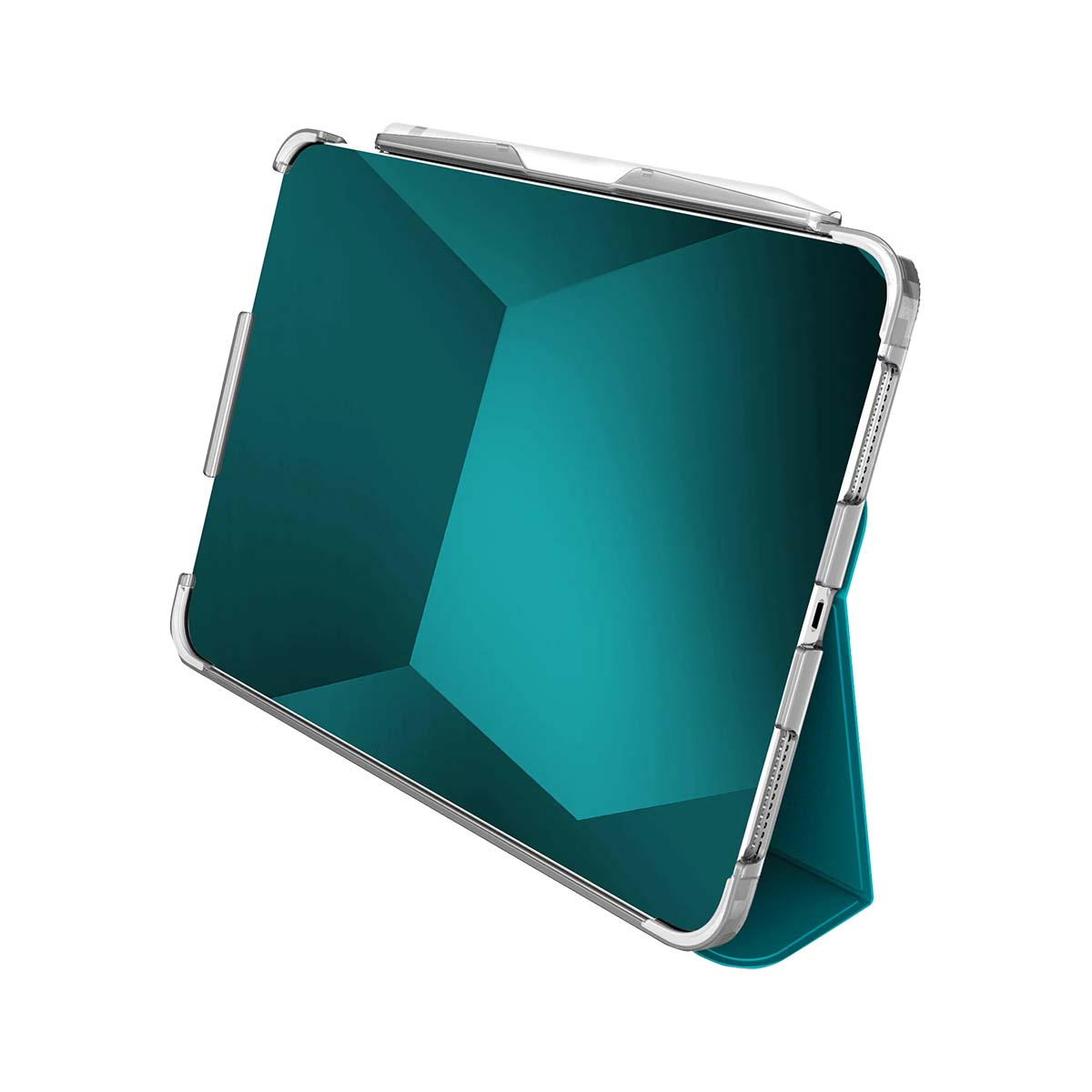 Eine teal Tablet-Hülle mit geometrischem Muster, im Querformat gezeigt.