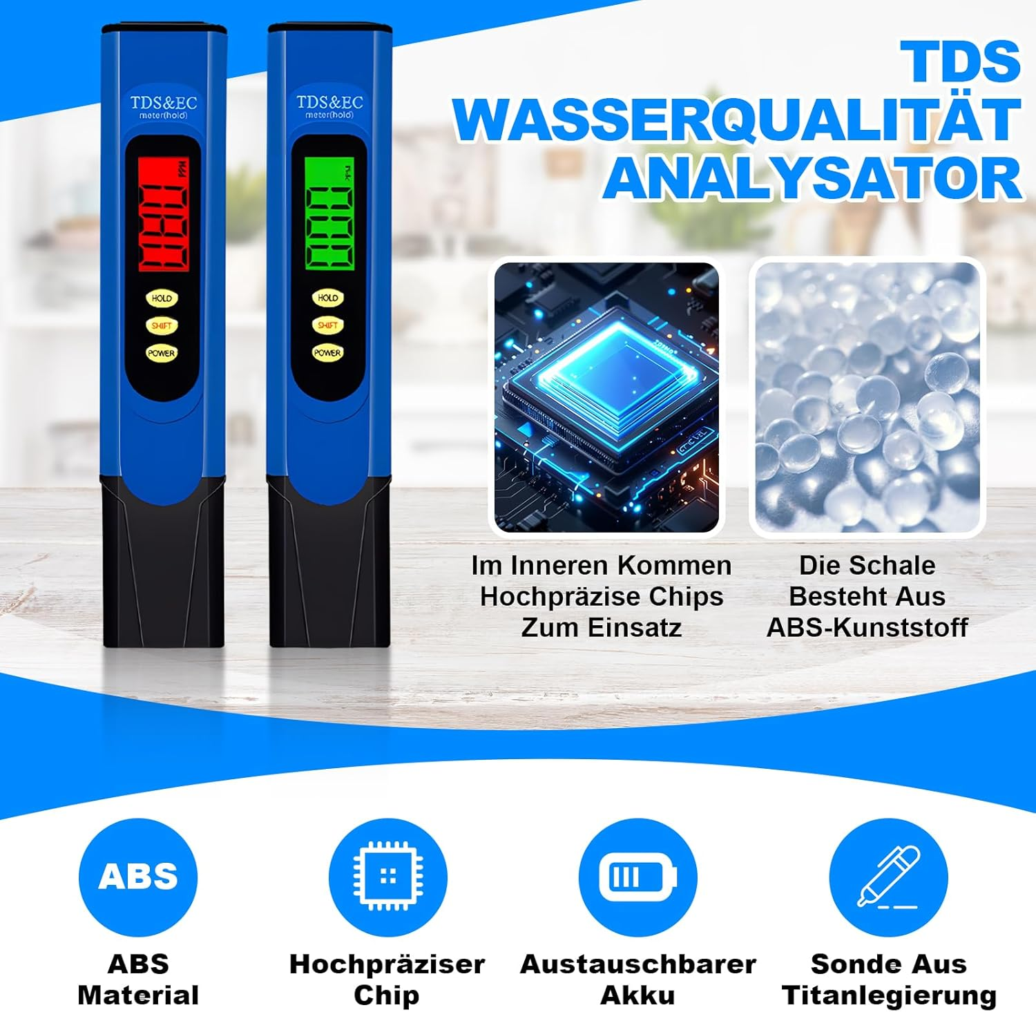Blauer TDS-Wasserqualitätsanalysator mit zwei Geräten, Chips und ABS-Granulat.