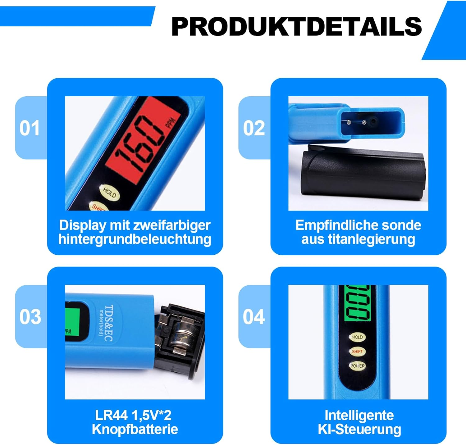 Blauer TDS-Messgerät mit beleuchtetem Display, Sonde, Batteriefach und Tasten.