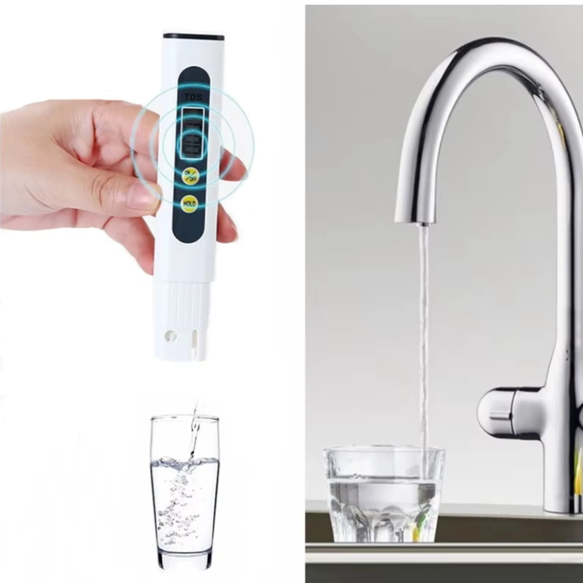 Weißer TDS-Messgerät in der Hand, Glas Wasser und Chromarmatur füllt Glas.