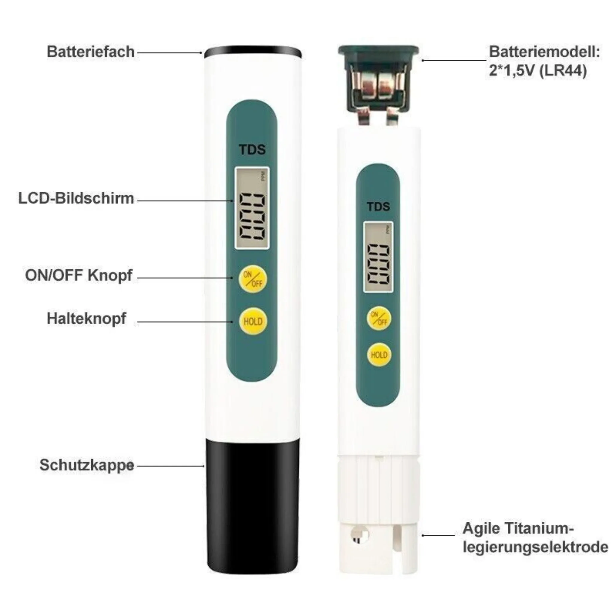 Zwei TDS-Messgeräte mit LCD-Bildschirm, Knöpfen und Batterieabdeckung.