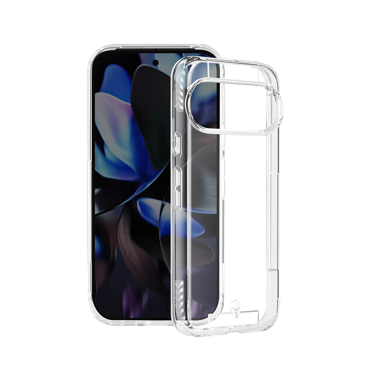 Una custodia trasparente per telefono è mostrata accanto a uno smartphone con sfondo astratto blu.