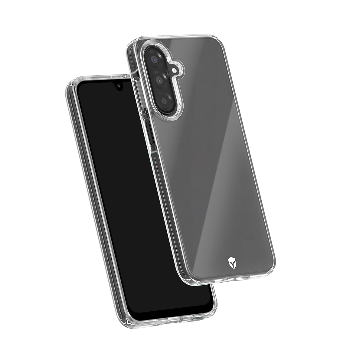 Una custodia trasparente per telefono mostrata sopra uno smartphone scuro, vista da dietro.
