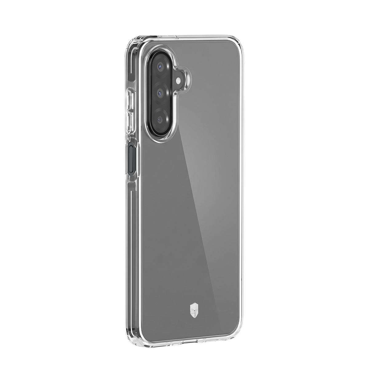 Custodia trasparente per telefono con tre obiettivi della fotocamera e un piccolo logo a scudo.
