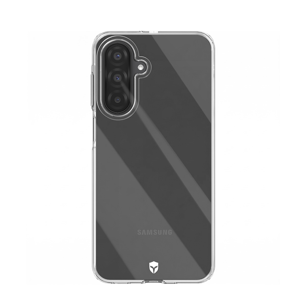 Una custodia trasparente per telefono con tripla fotocamera e logo Samsung su sfondo bianco.