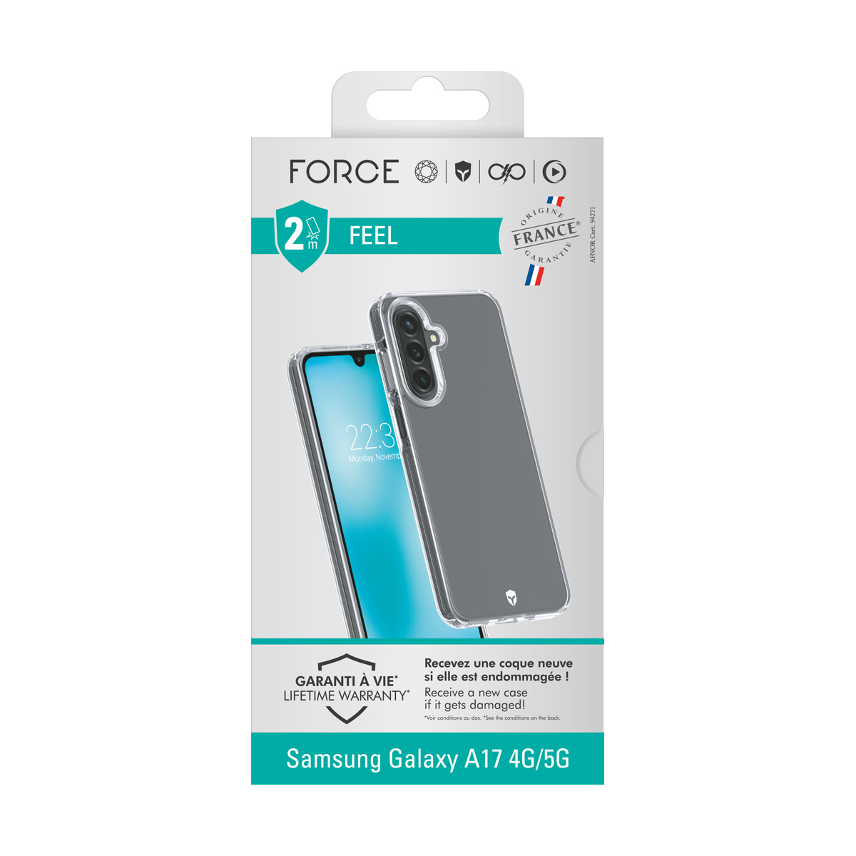 Confezione per cover Samsung Galaxy A17 4G/5G con telefono e logo garanzia.