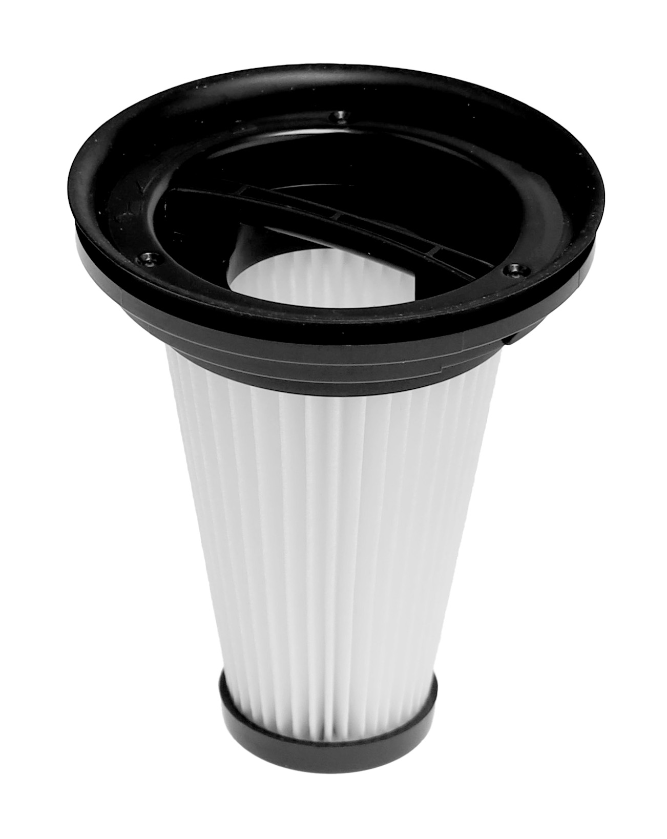 Ein weißer, gefalteter Vakuumfilter mit schwarzem Deckel und Boden, isoliert auf Weiß.