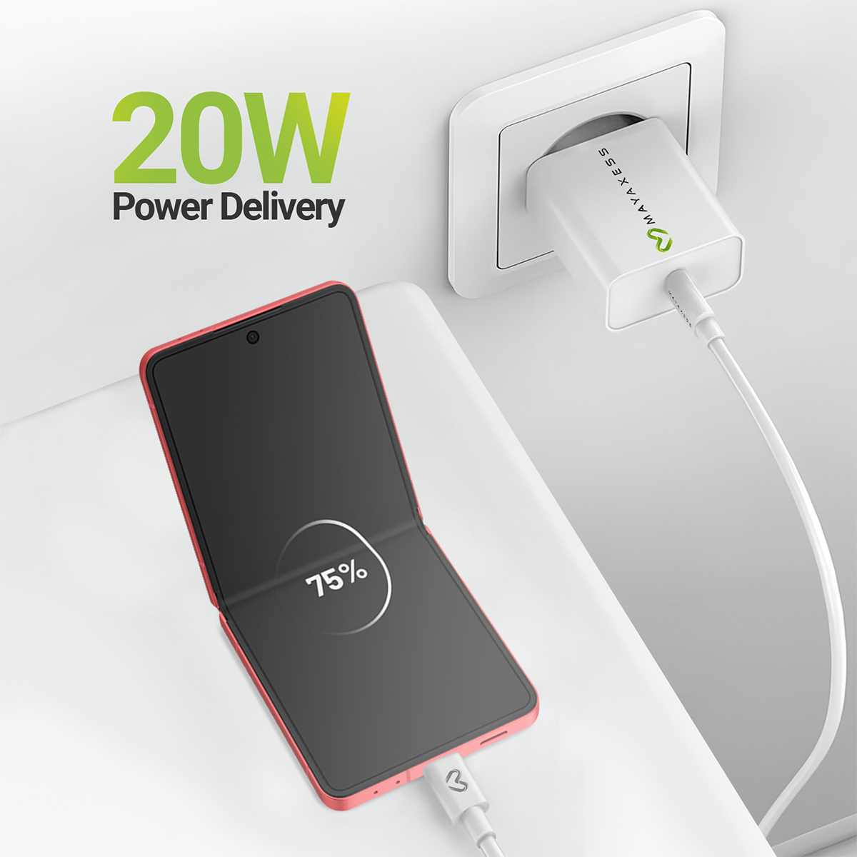Un téléphone à clapet rouge se charge avec un chargeur blanc. 20W Power Delivery.