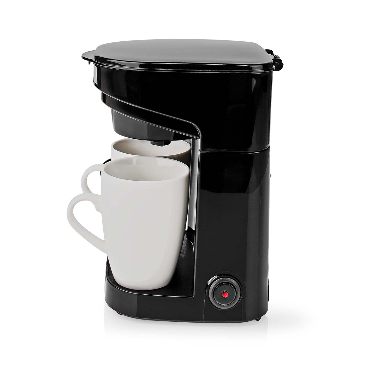 Caffettiera nera con due tazze bianche e un pulsante rosso.