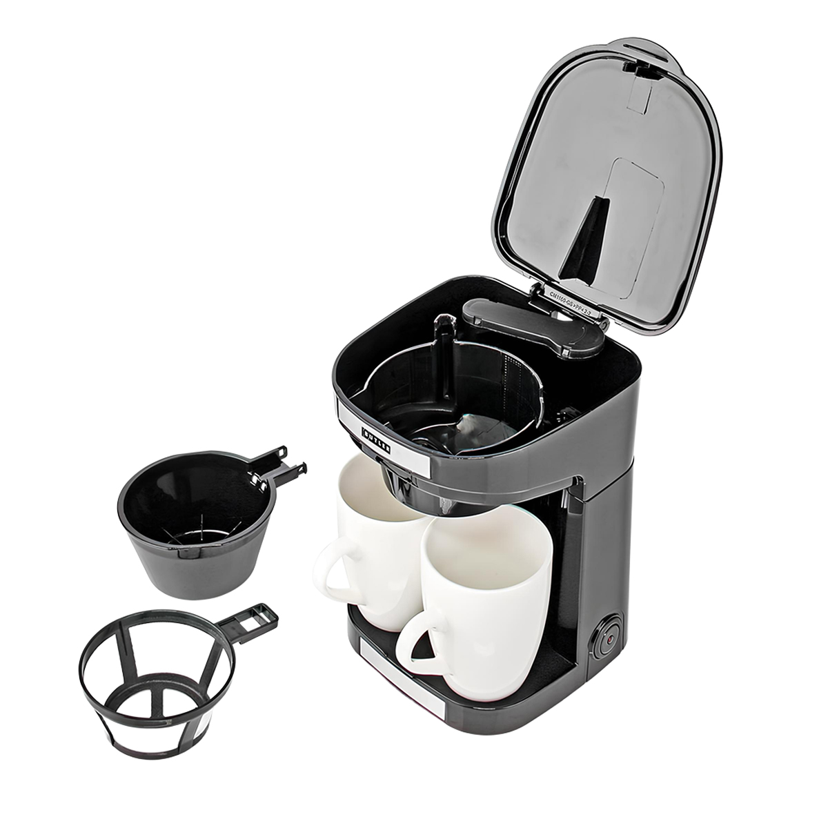 Macchina da caffè nera con due tazze bianche e accessori.