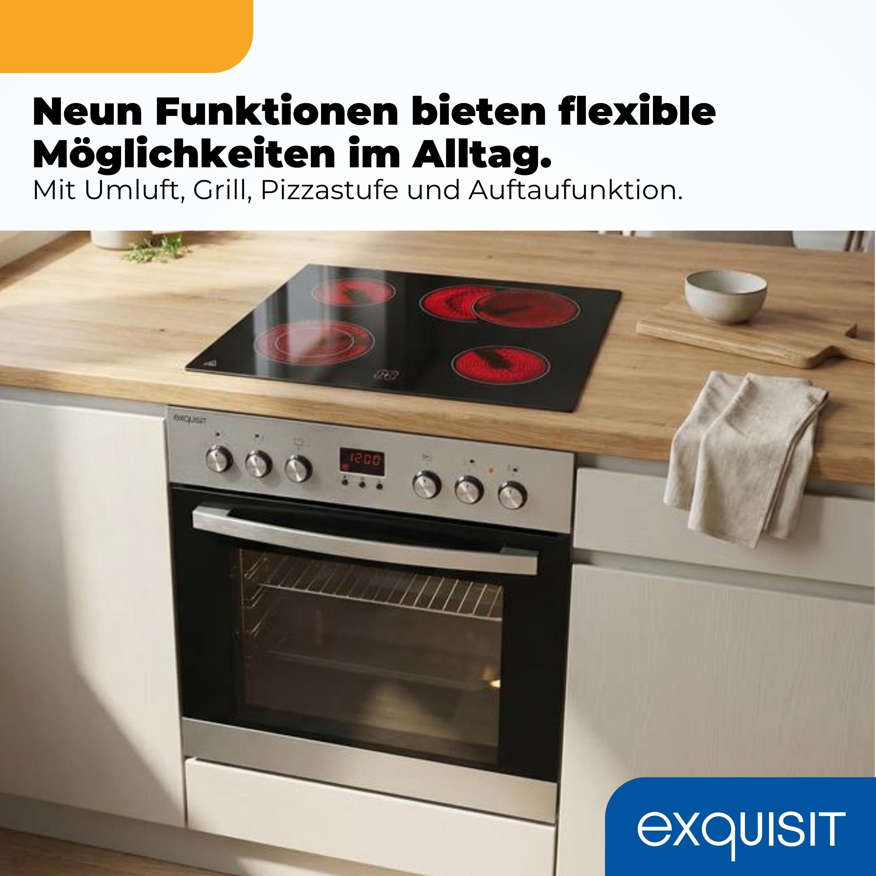 Ein moderner Küchenherd mit Cerankochfeld und Backofen.