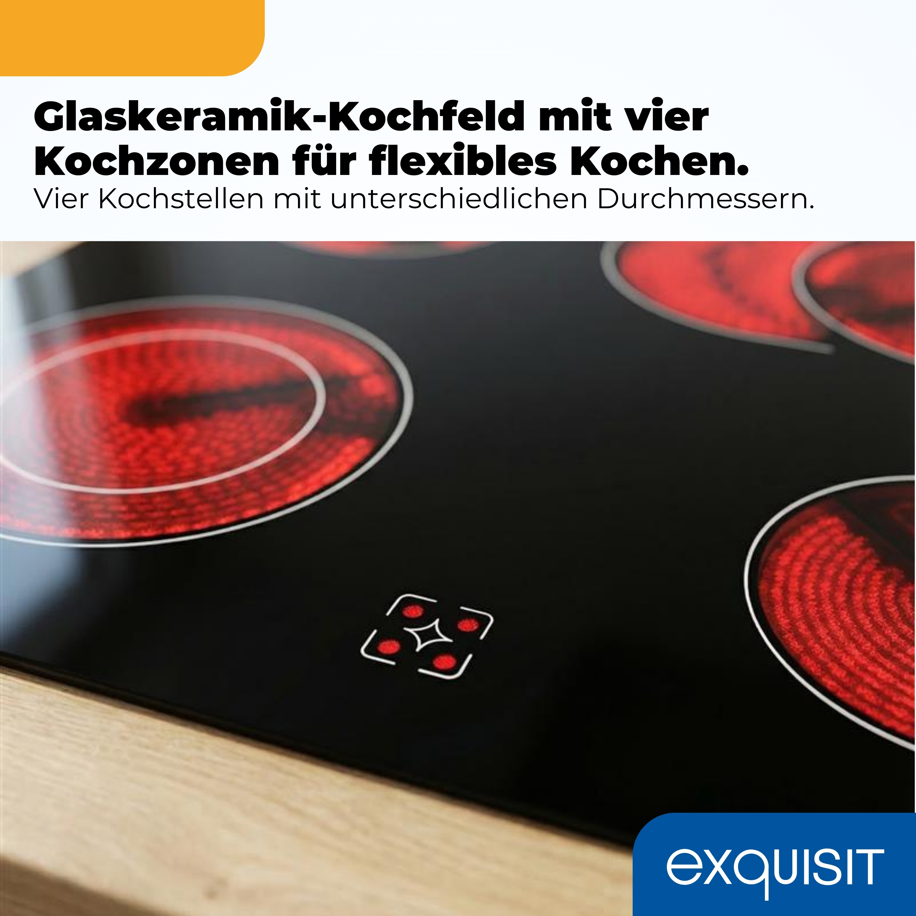 Schwarzes Glaskeramikkochfeld mit vier roten Kochzonen und Touch-Bedienfeld.