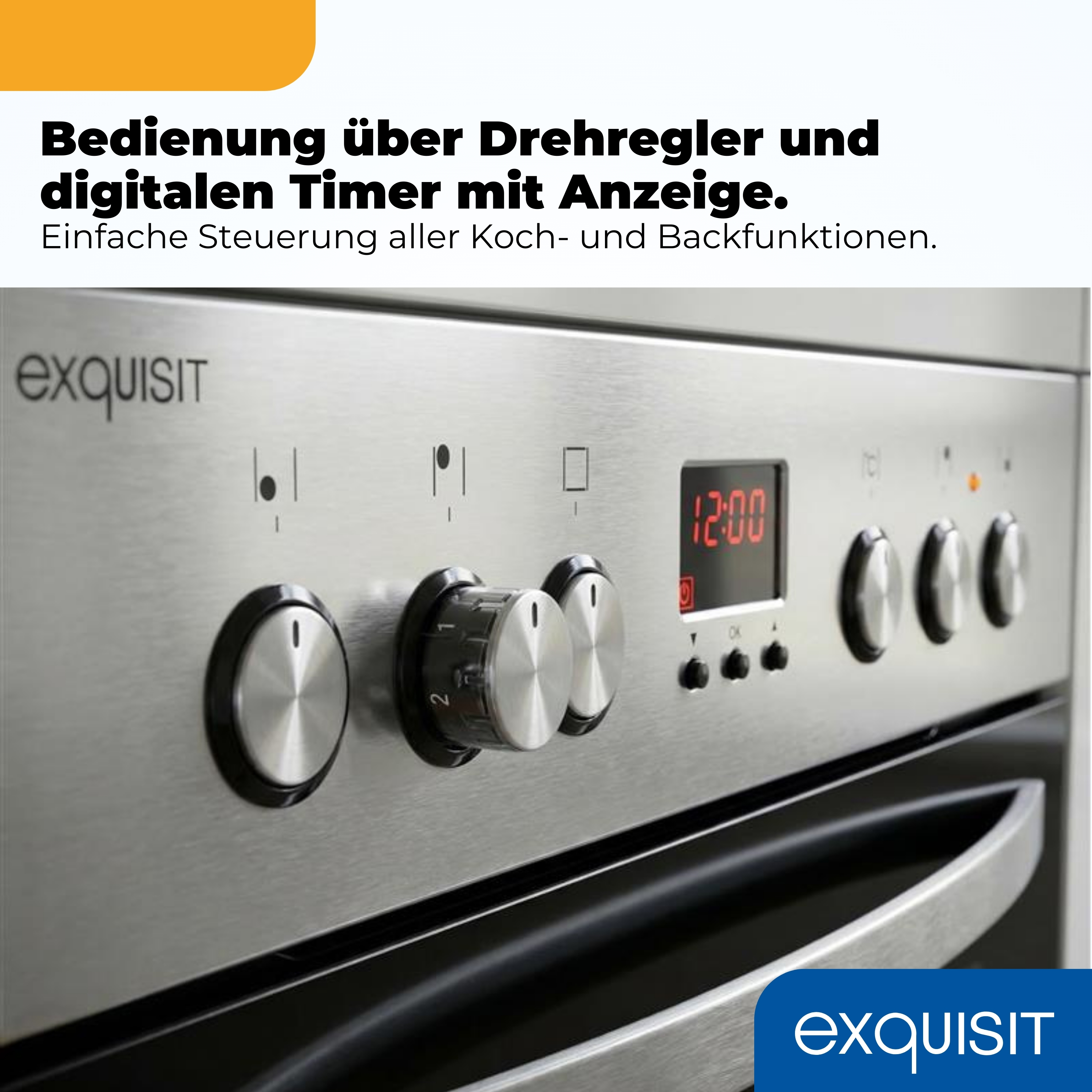 Edelstahl-Ofen mit Drehreglern, digitalem Timer und Exquisit-Logo.