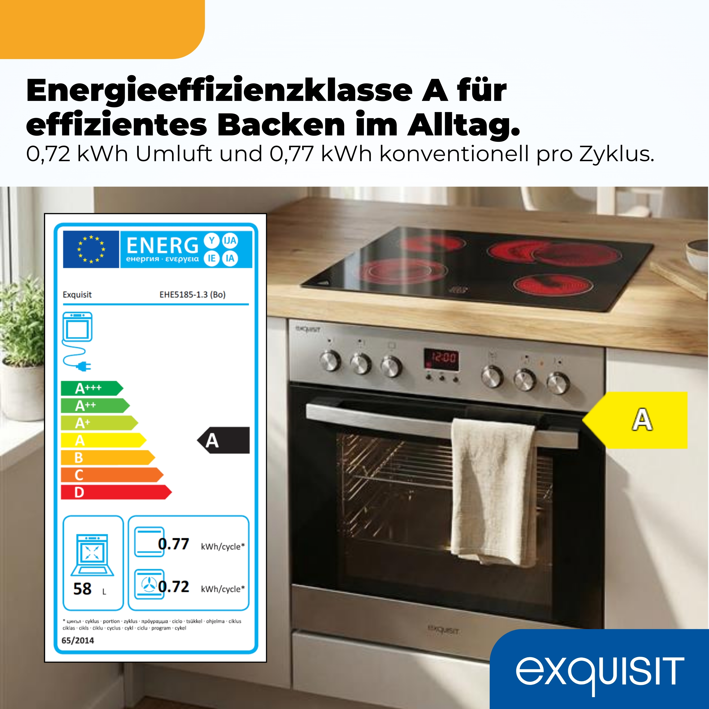 Ein Exquisit Ofen mit Energieeffizienzklasse A, Kochfeld und Bedienfeld. Energie-Label.