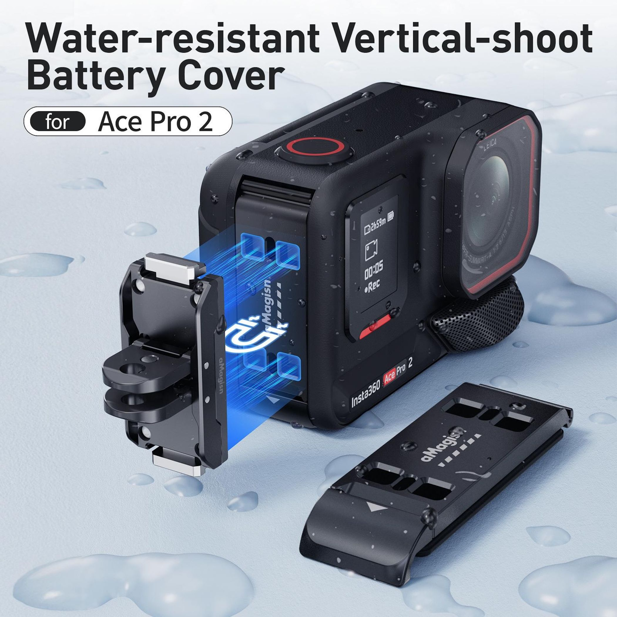 Wasserdichte vertikale Akkuabdeckung für Insta360 Ace Pro 2 mit Zubehör.