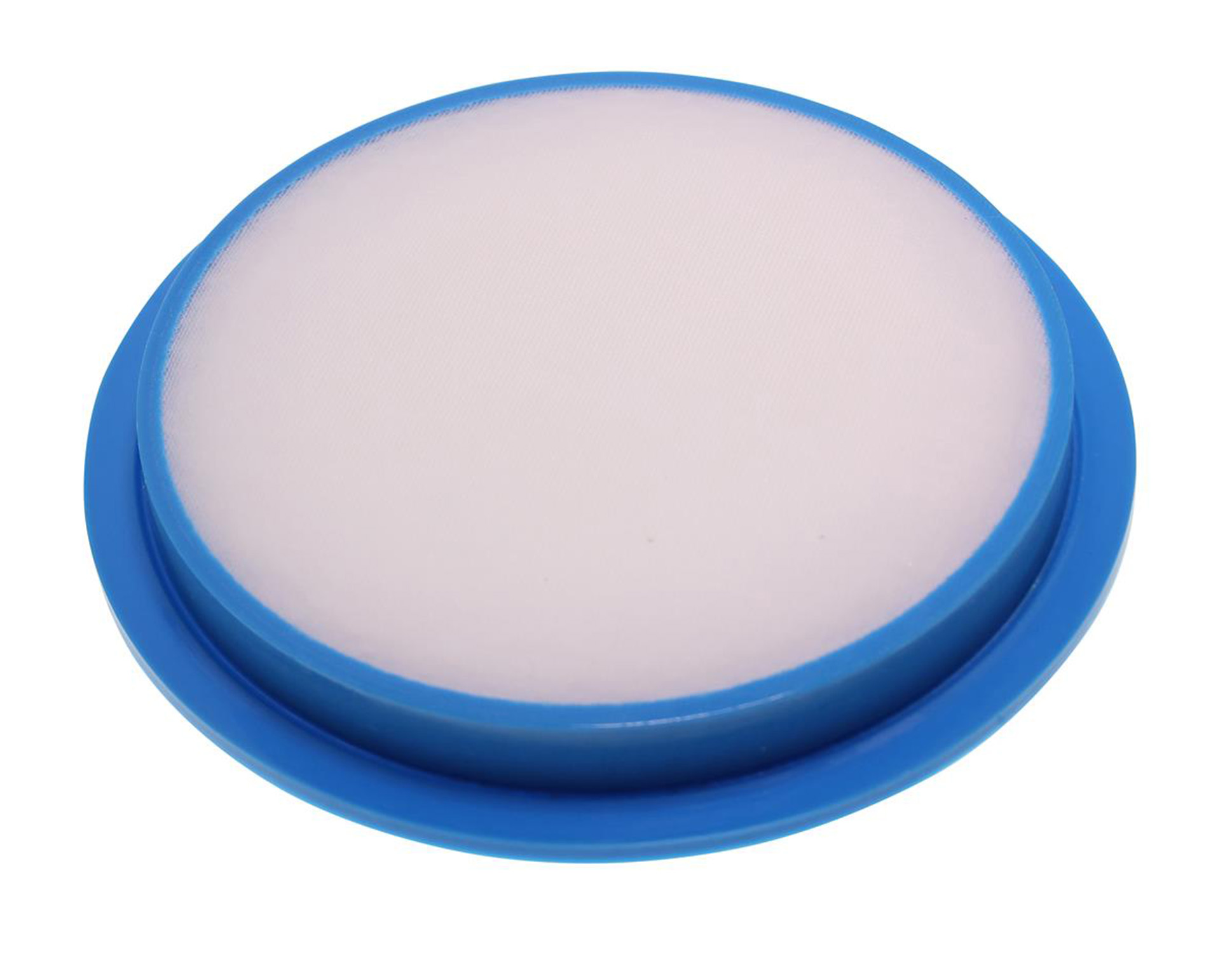 Ein runder blauer Filter mit weißer Mitte auf weißem Hintergrund.