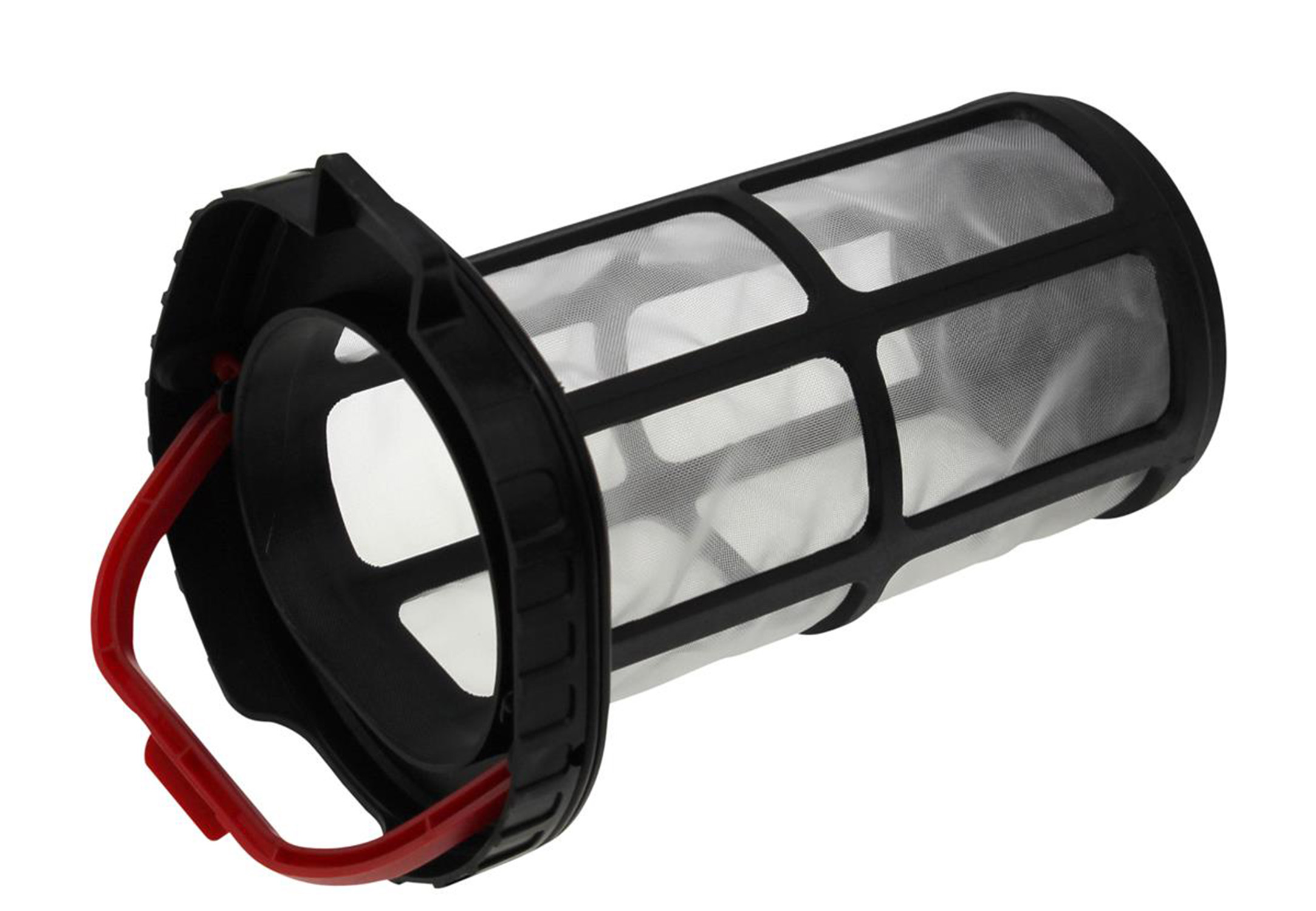 Schwarzer Netzfilter mit rotem Griff auf weißem Hintergrund.