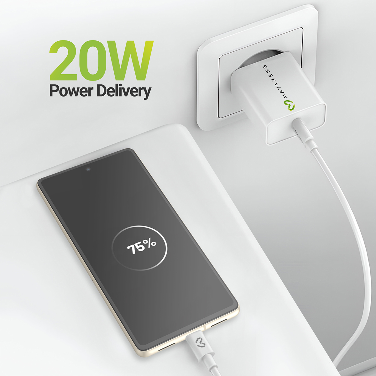 Un caricabatterie bianco carica uno smartphone al 75%.