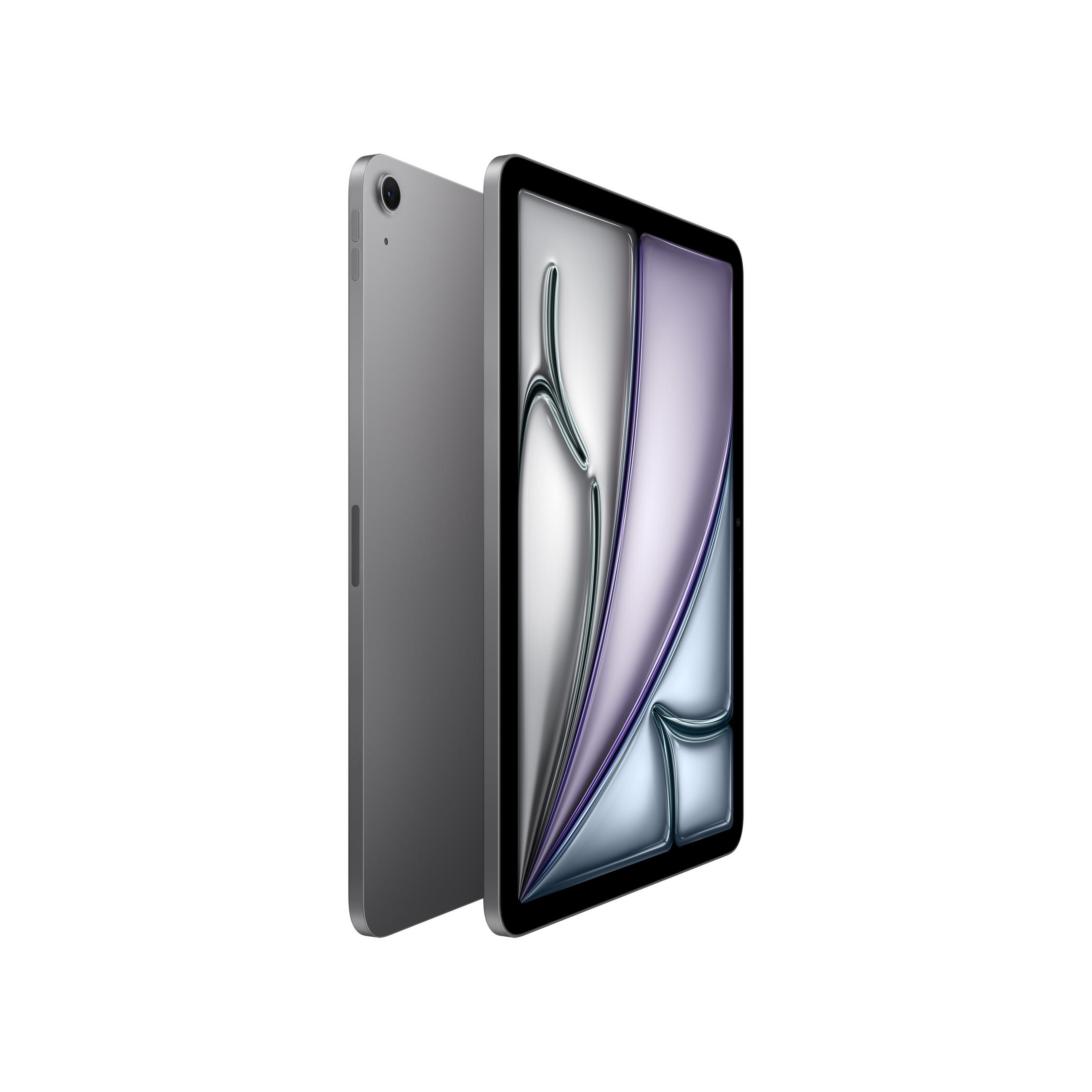 Ein graues Tablet mit einem Bildschirm, der ein abstraktes Muster aus Silber und Lila zeigt.