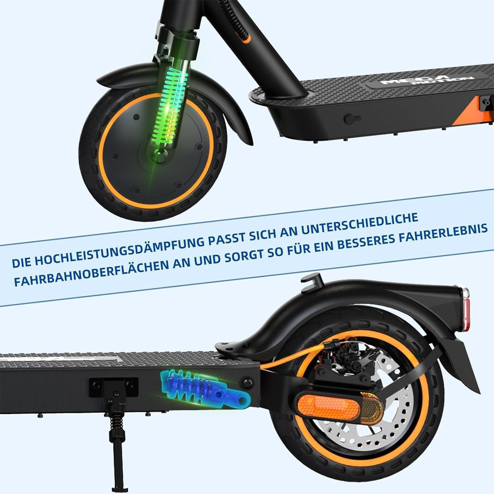 Nahaufnahme eines Elektrorollers mit Federungselementen und Rädern.