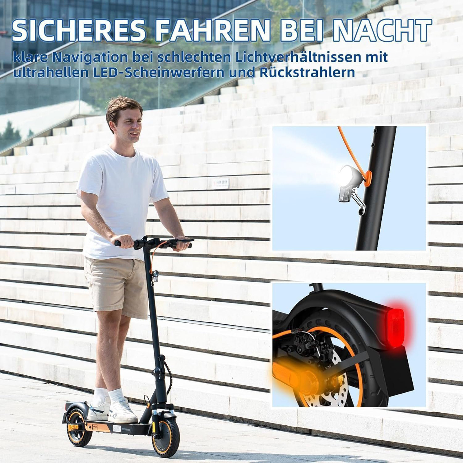 Mann auf E-Scooter mit Front- und Rücklicht, Treppen im Hintergrund.