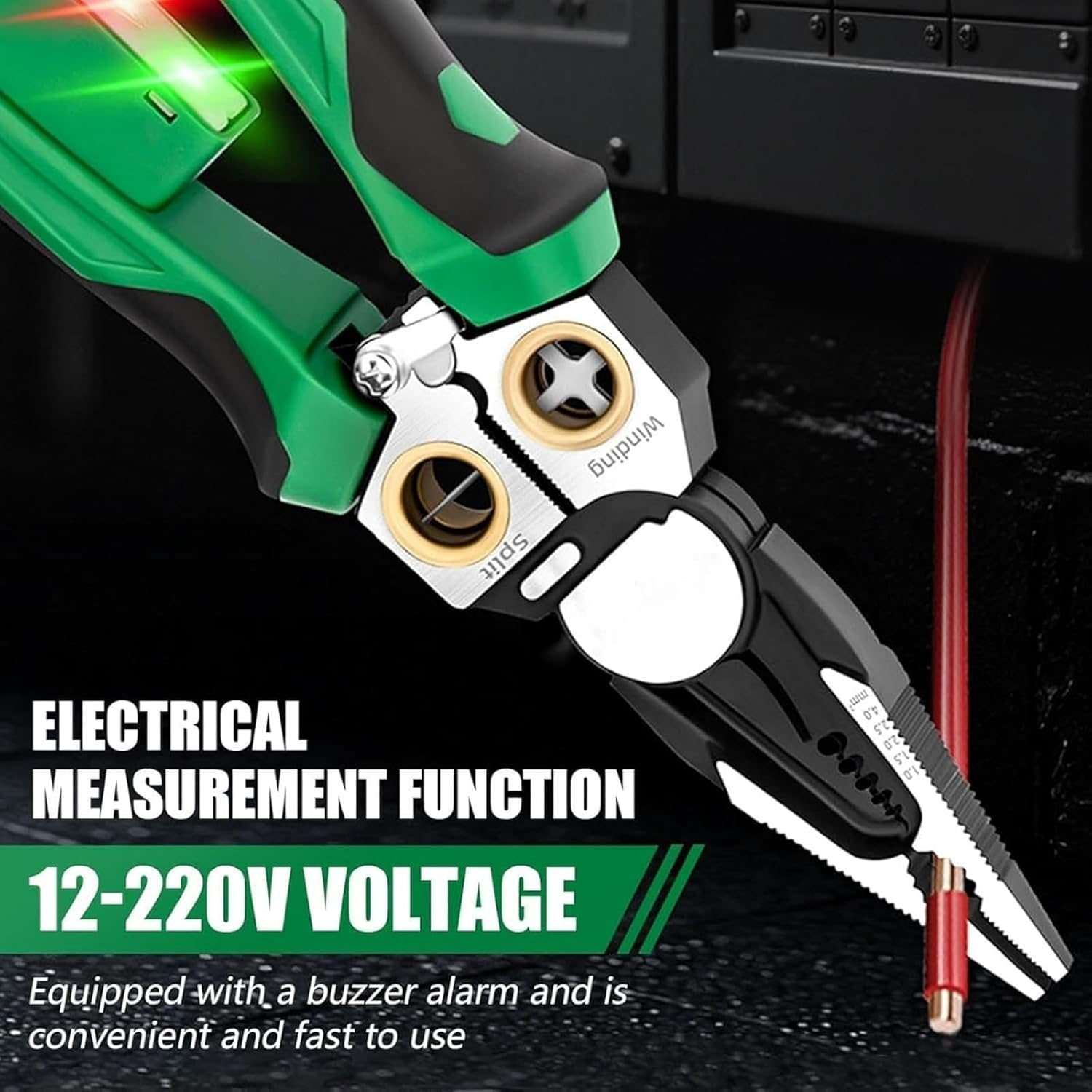 Grüne Zange mit elektrischer Messfunktion und Spannungsanzeige 12-220V.
