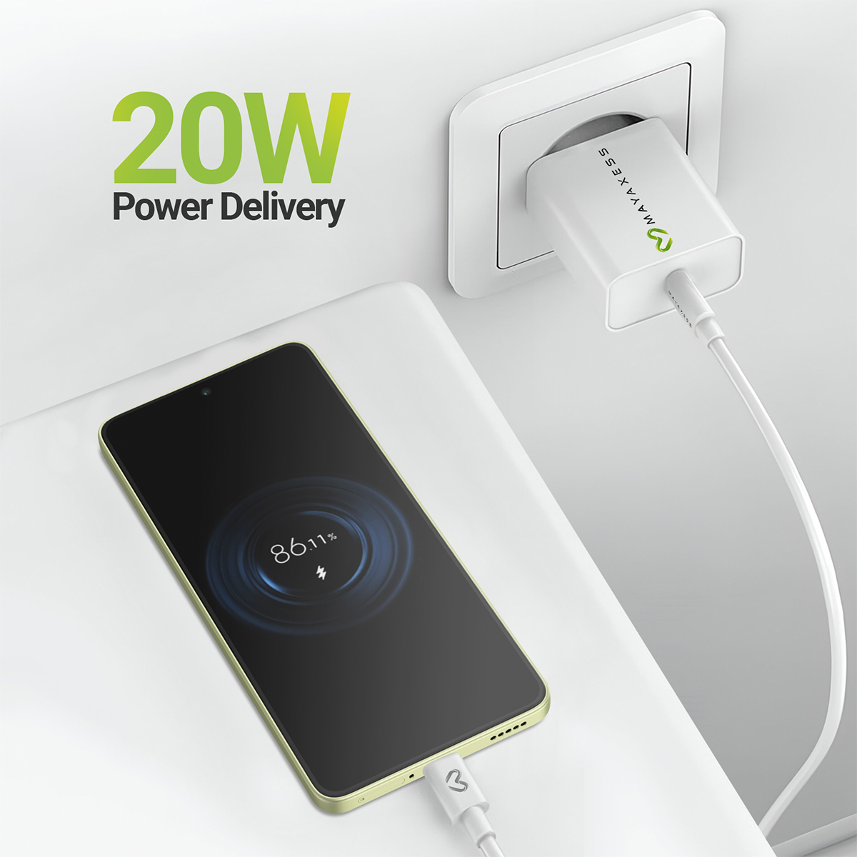 Un smartphone se charge avec un adaptateur 20W. Batterie à 86%.
