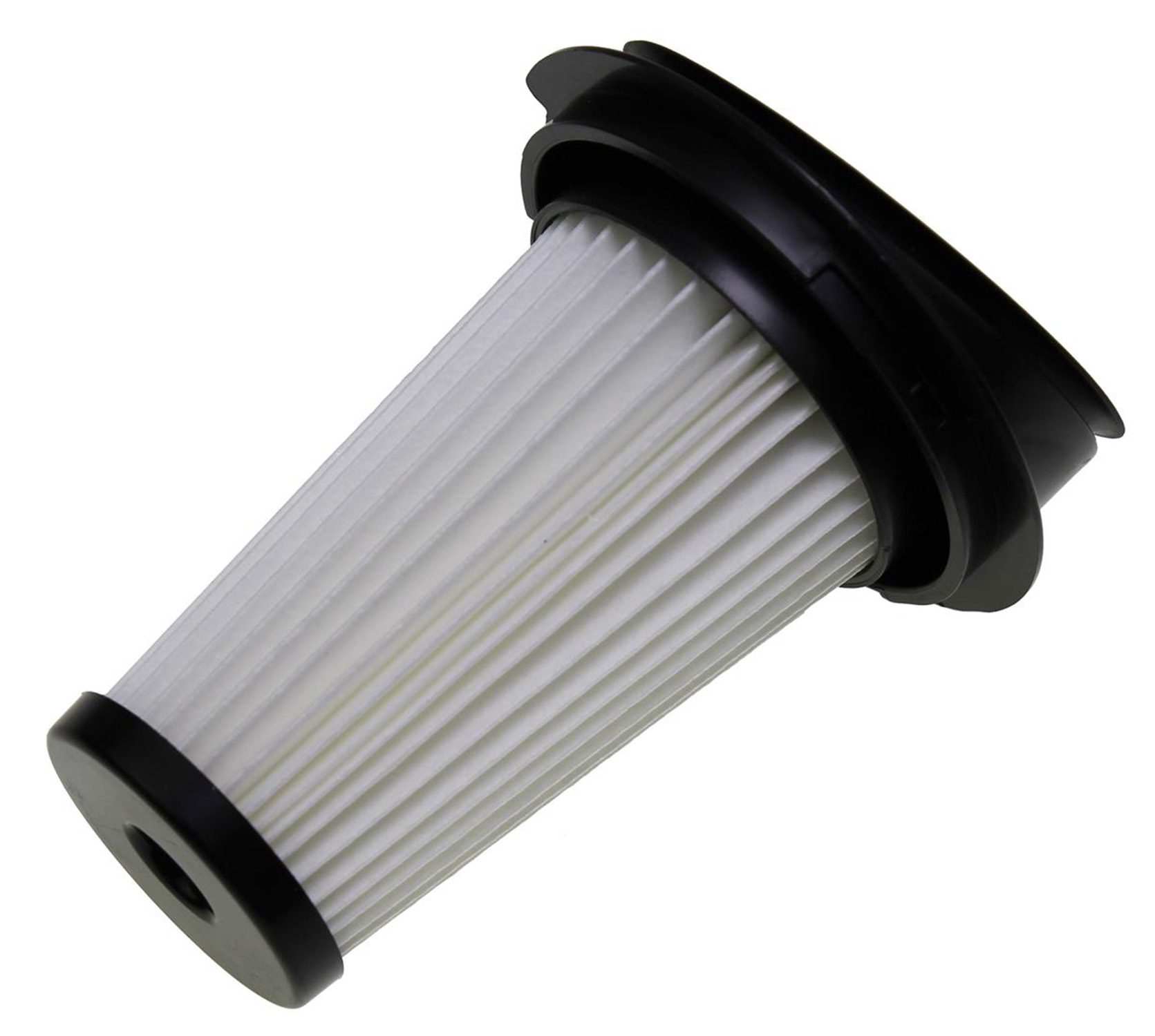 Un filtro plissettato bianco con bordo in plastica nera e manico superiore nero.
