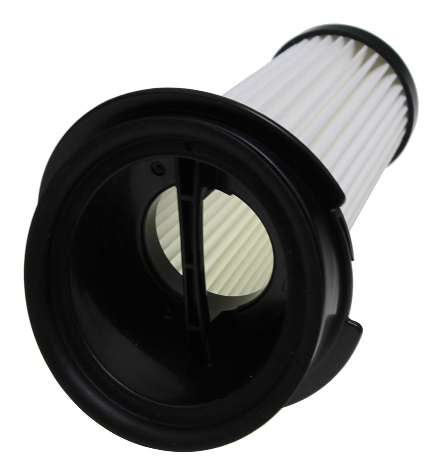 Un filtro per aspirapolvere bianco plissettato con cornice nera.