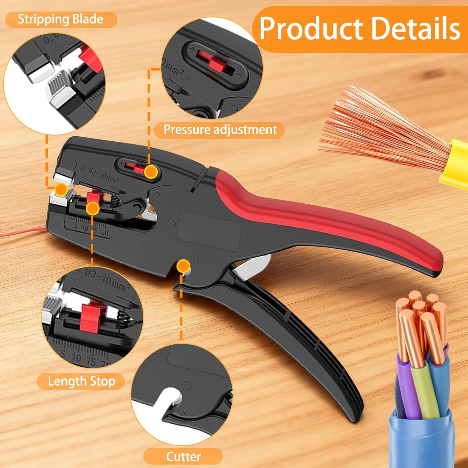 Abisolierzange mit roten Griffen, zeigt Stripping Blade, Druckverstellung, Längenanschlag und Cutter.