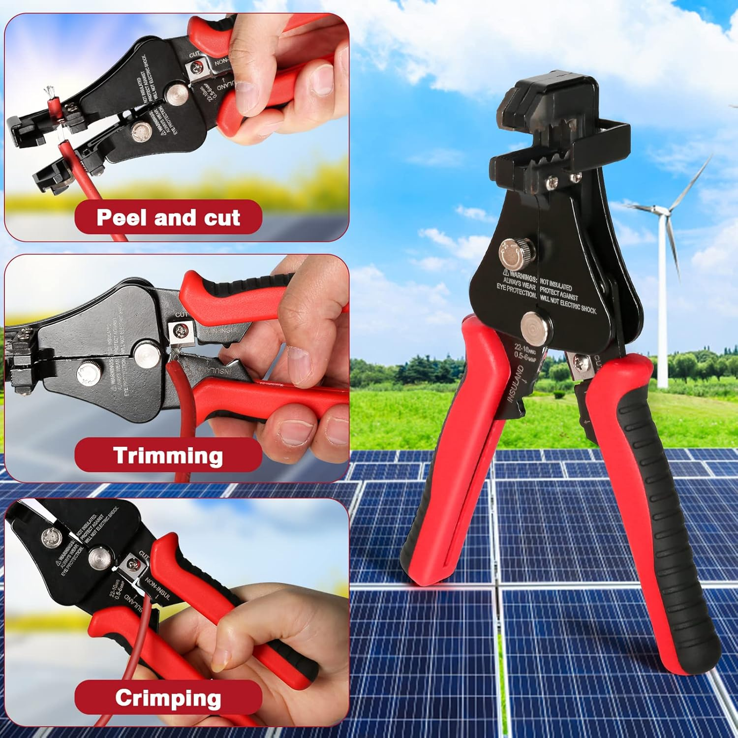 Drahtabisolierer mit roten Griffen auf Solarzellen und Windturbinen im Hintergrund.