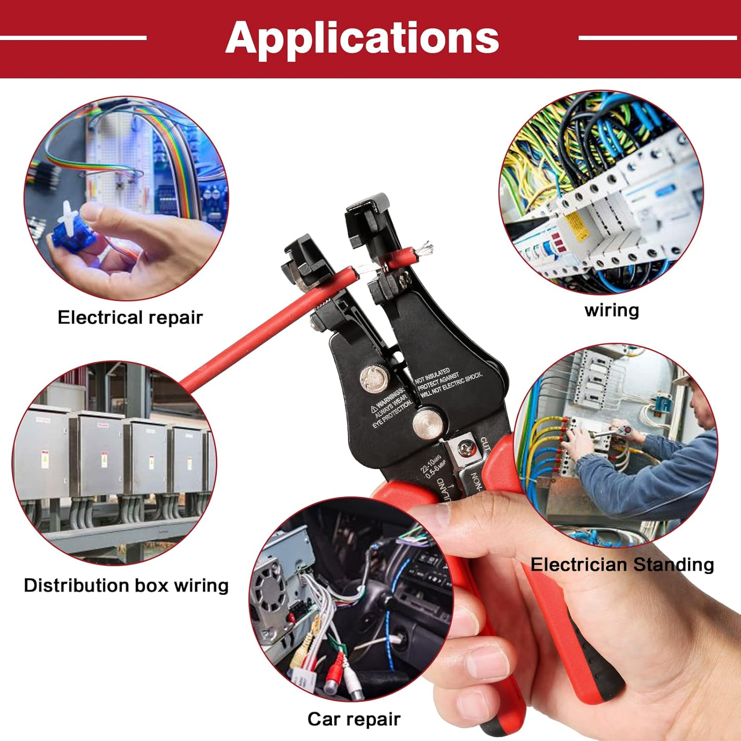 Abisolierzange mit fünf kreisförmigen Bildern, die Anwendungen zeigen: Elektroreparatur, Verkabelung, Verteilungskastenverkabelung, Autoreparatur und ein Elektriker.