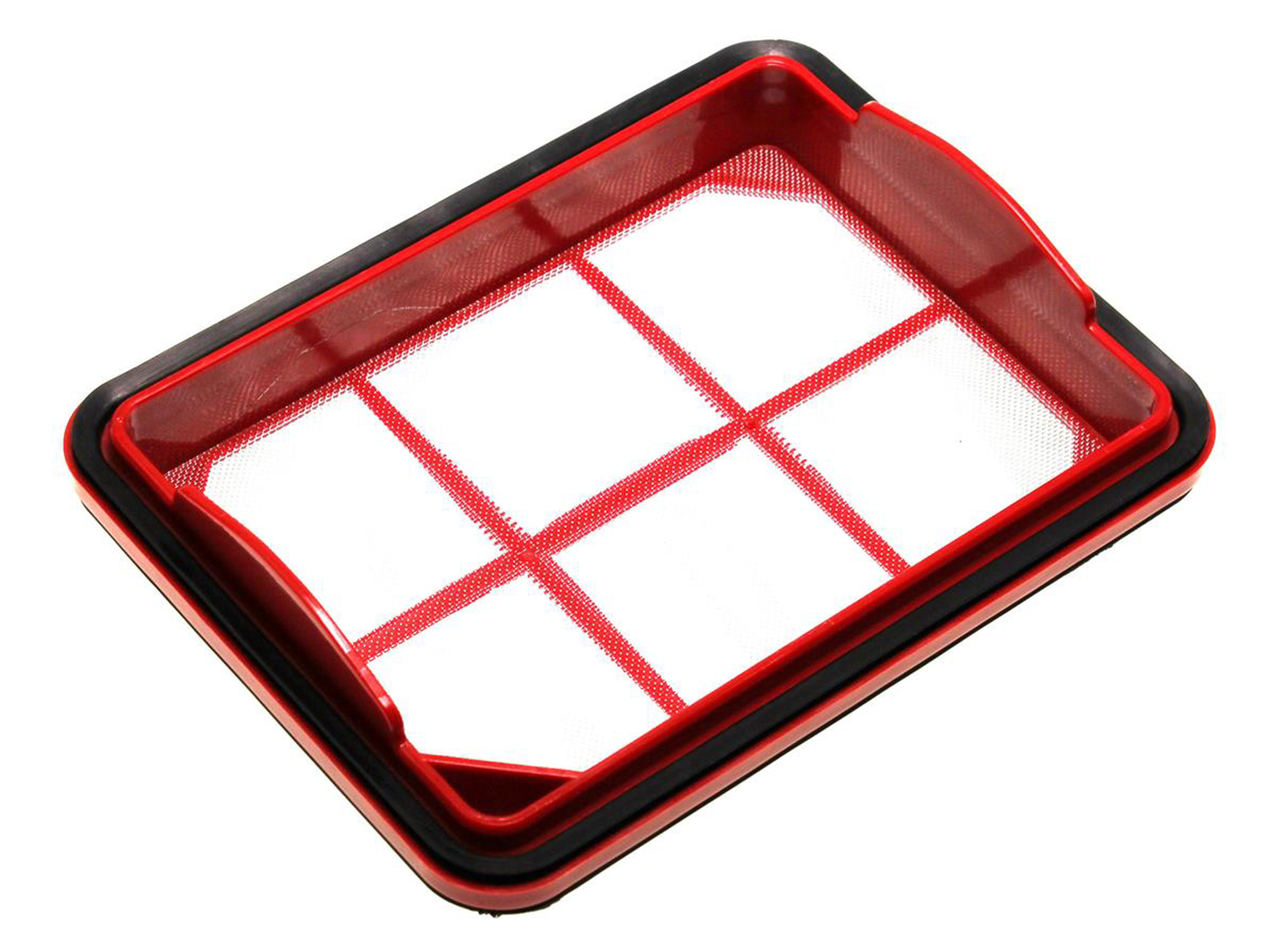 Un filtro a rete rosso rettangolare con guarnizione nera su sfondo bianco.