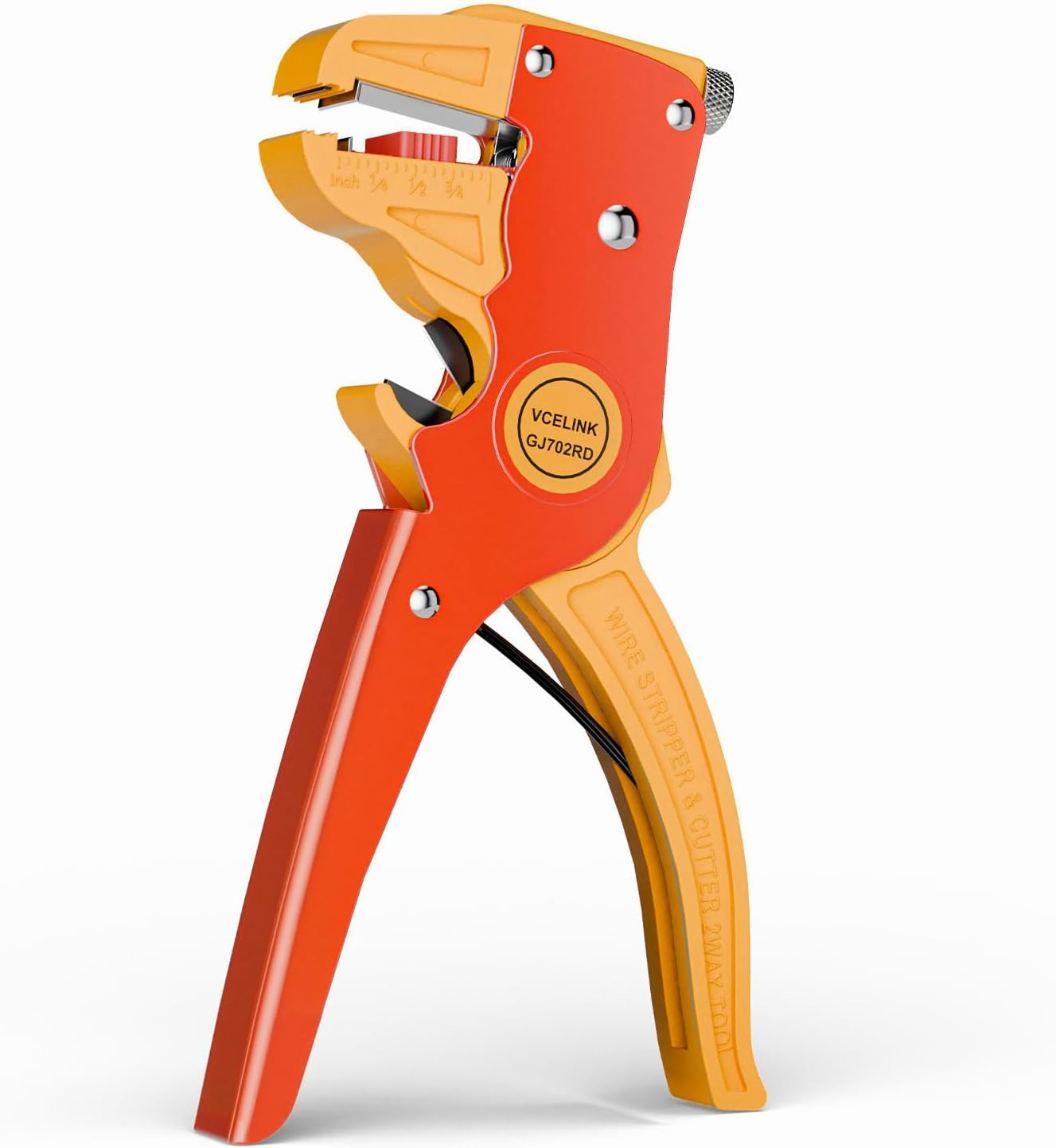 Ein orange-gelber Drahtabisolierer und -schneider mit Markierungen für Zoll.